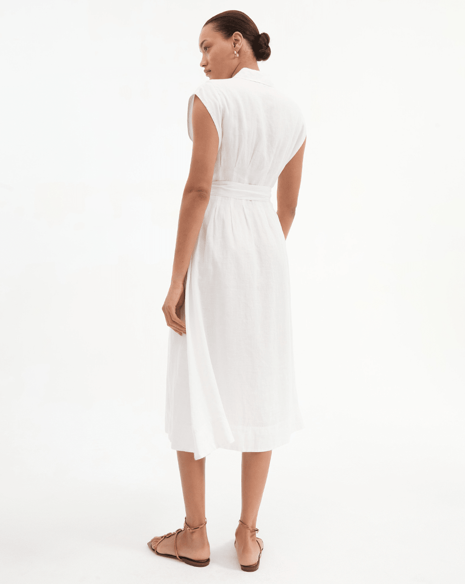 Linen Midi Dress with Belt & Cap Sleeves | Loreta Navy
