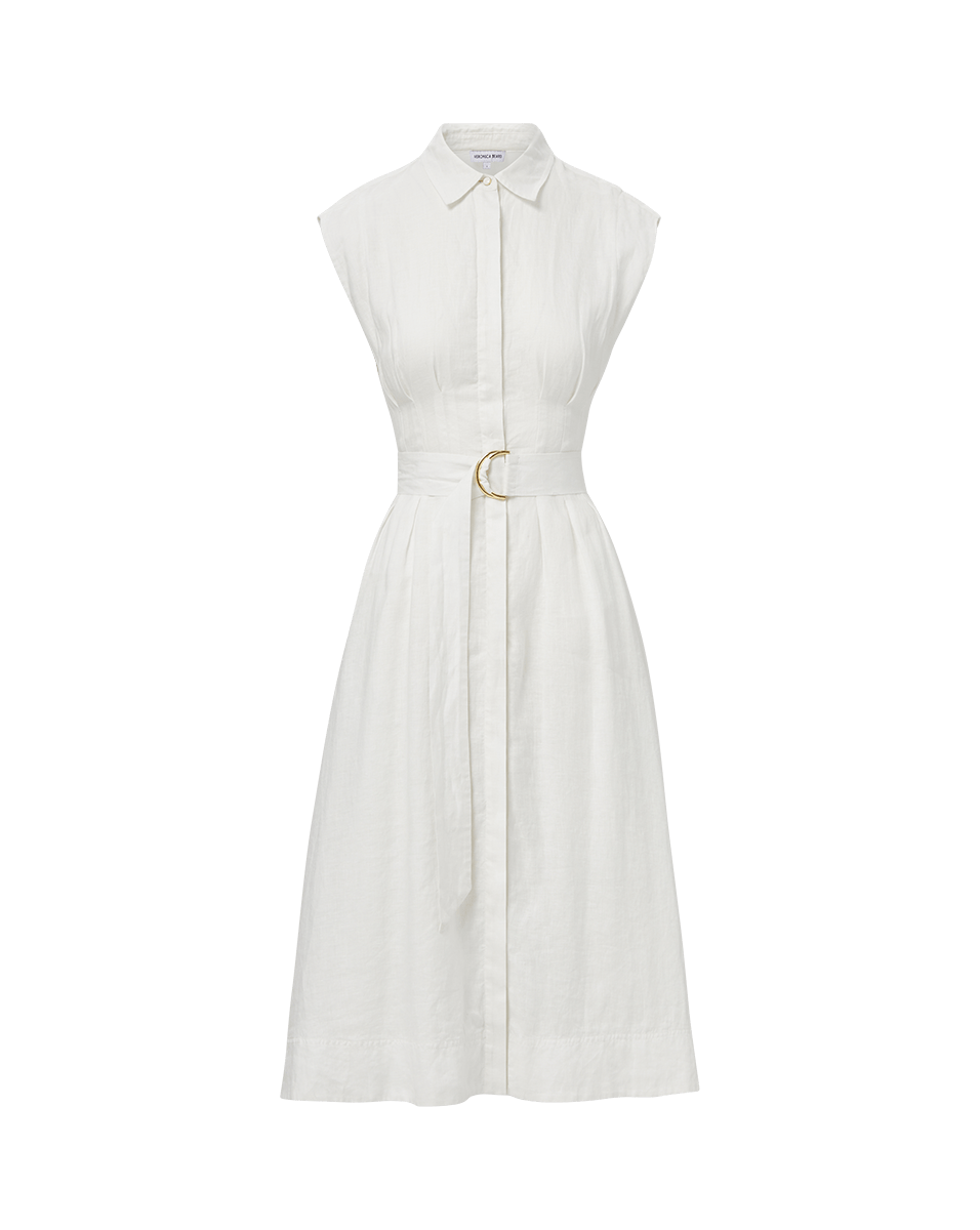 Linen Midi Dress with Belt & Cap Sleeves | Loreta Navy