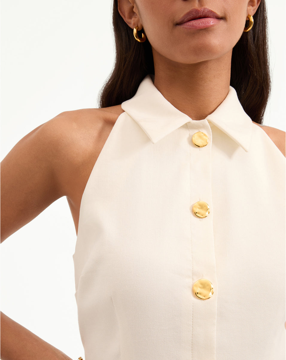 Stretch-Linen Mini Dress with Halter Neck & Pockets | Roxanne