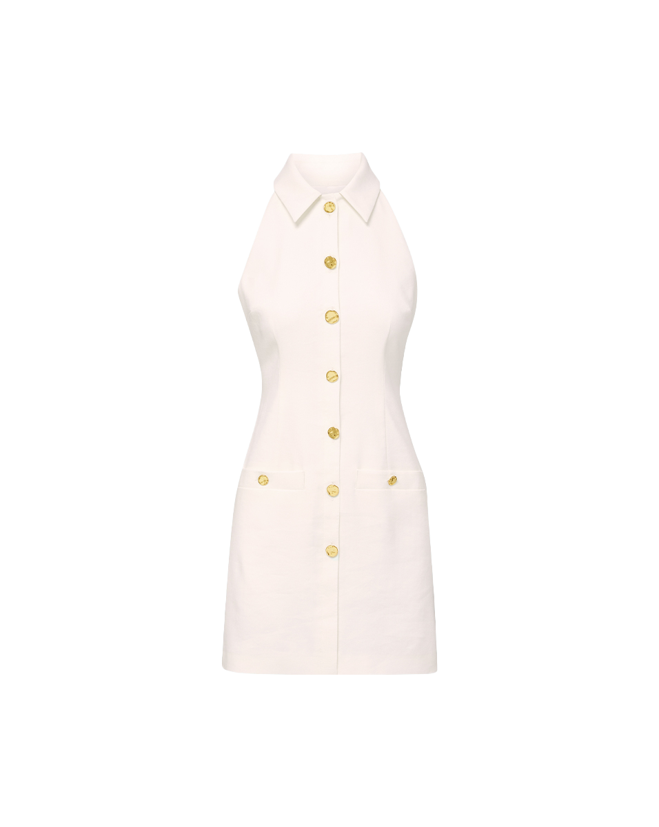 Stretch-Linen Mini Dress with Halter Neck & Pockets | Roxanne