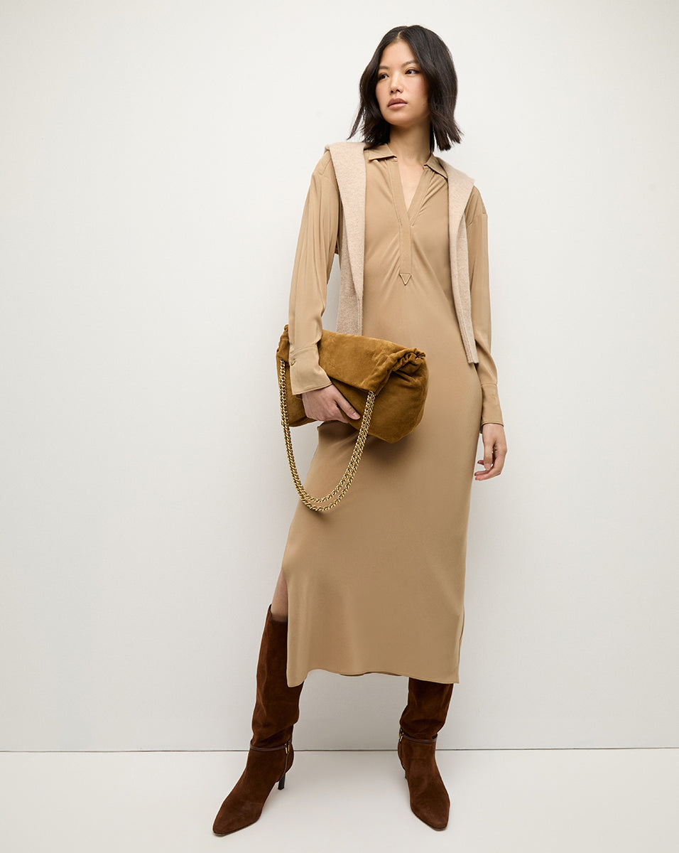 Soft Italian Suede Slouch Bag with Gold Chain Strap | Veronica Beard