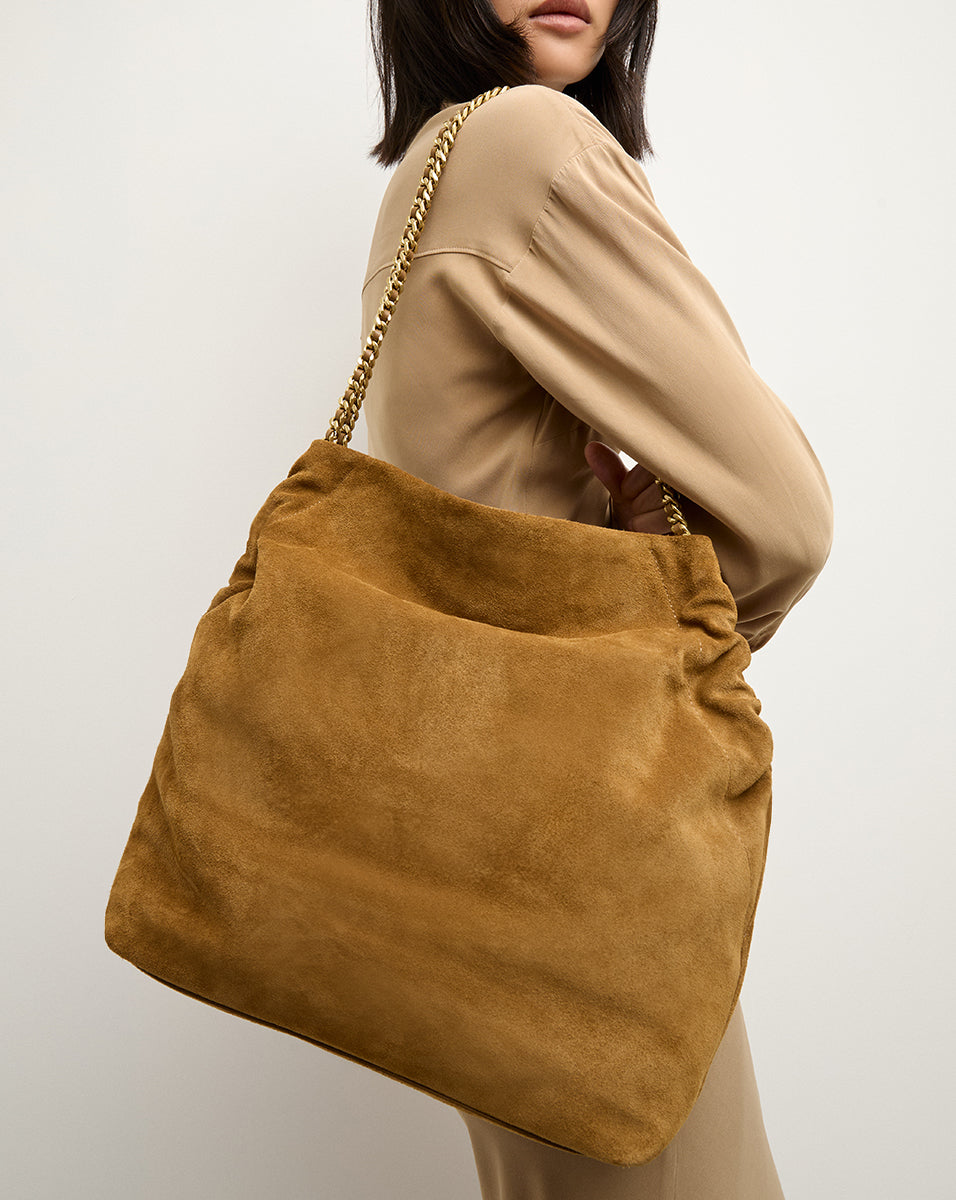 Soft Italian Suede Slouch Bag with Gold Chain Strap | Veronica Beard