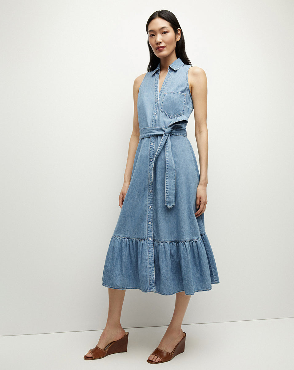 Lightweight Denim Shirtdress with Flounced Hem & Tie Belt | Edwina