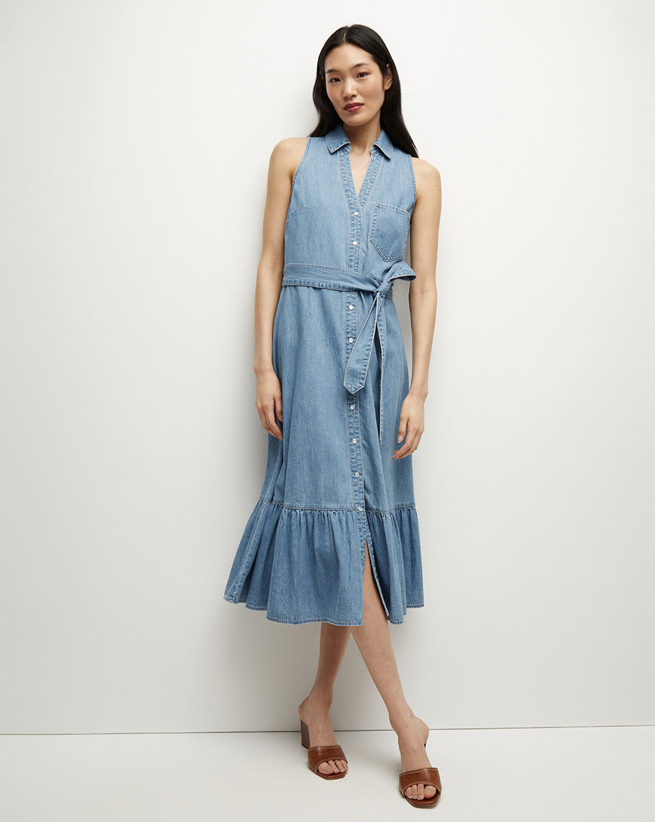 Lightweight Denim Shirtdress with Flounced Hem & Tie Belt | Edwina