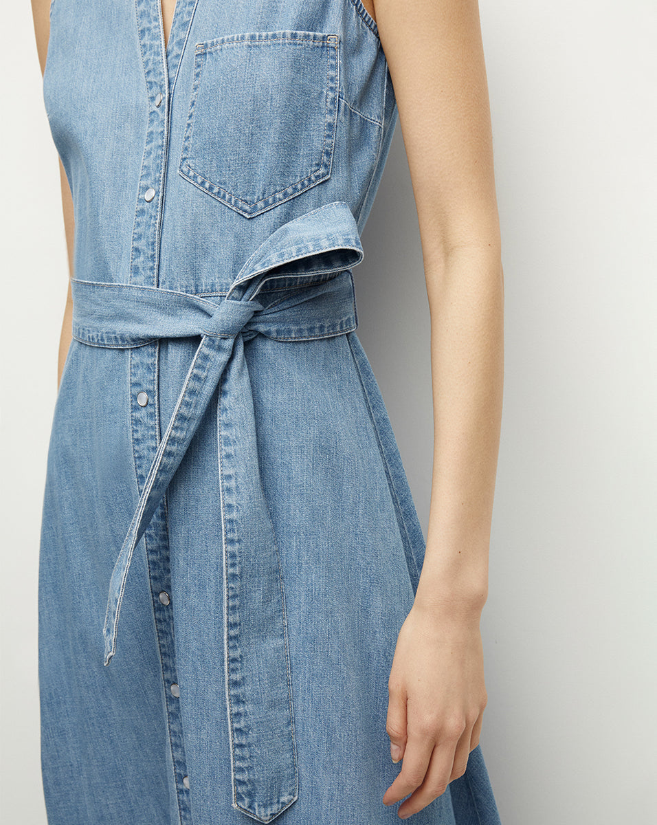 Lightweight Denim Shirtdress with Flounced Hem & Tie Belt | Edwina