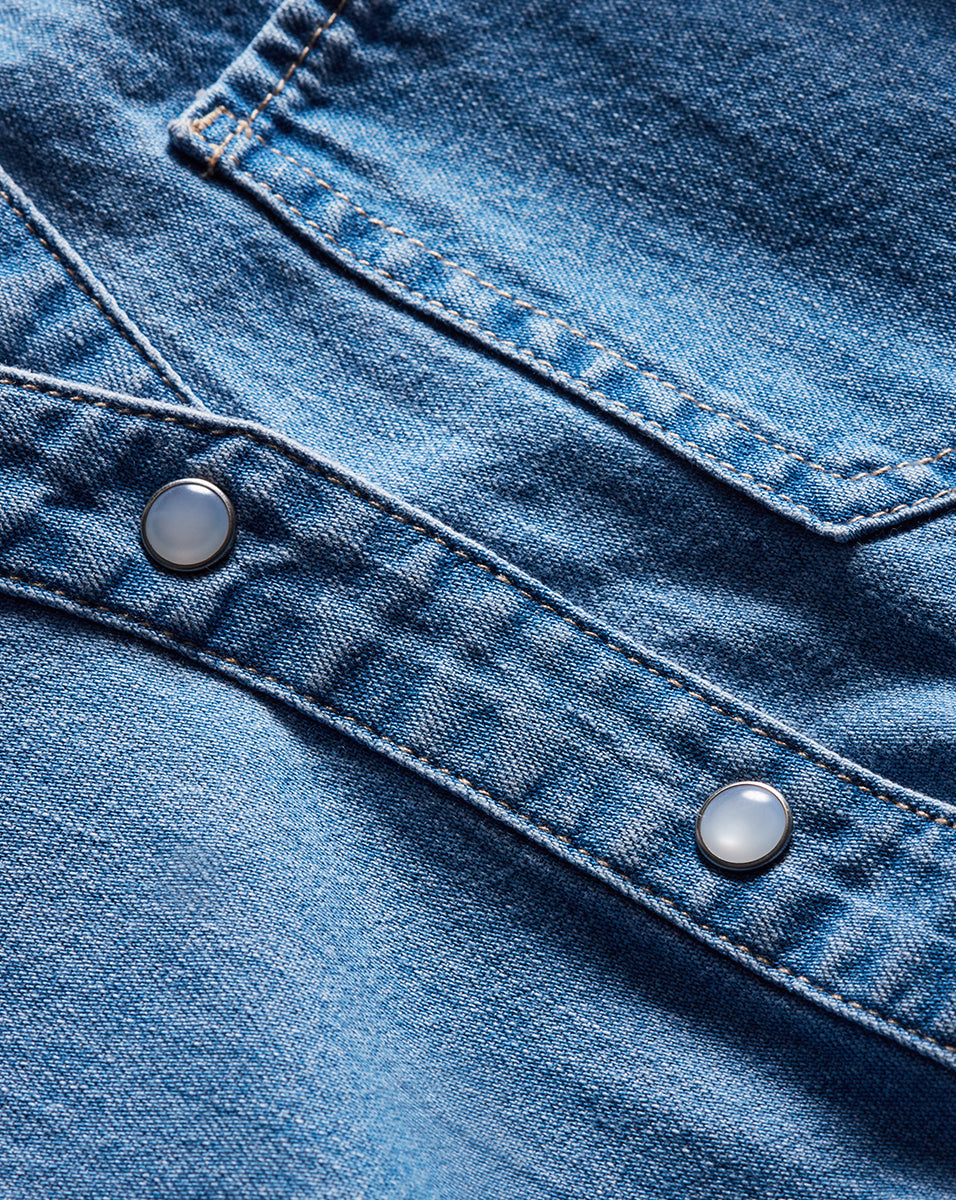Lightweight Denim Shirtdress with Flounced Hem & Tie Belt | Edwina