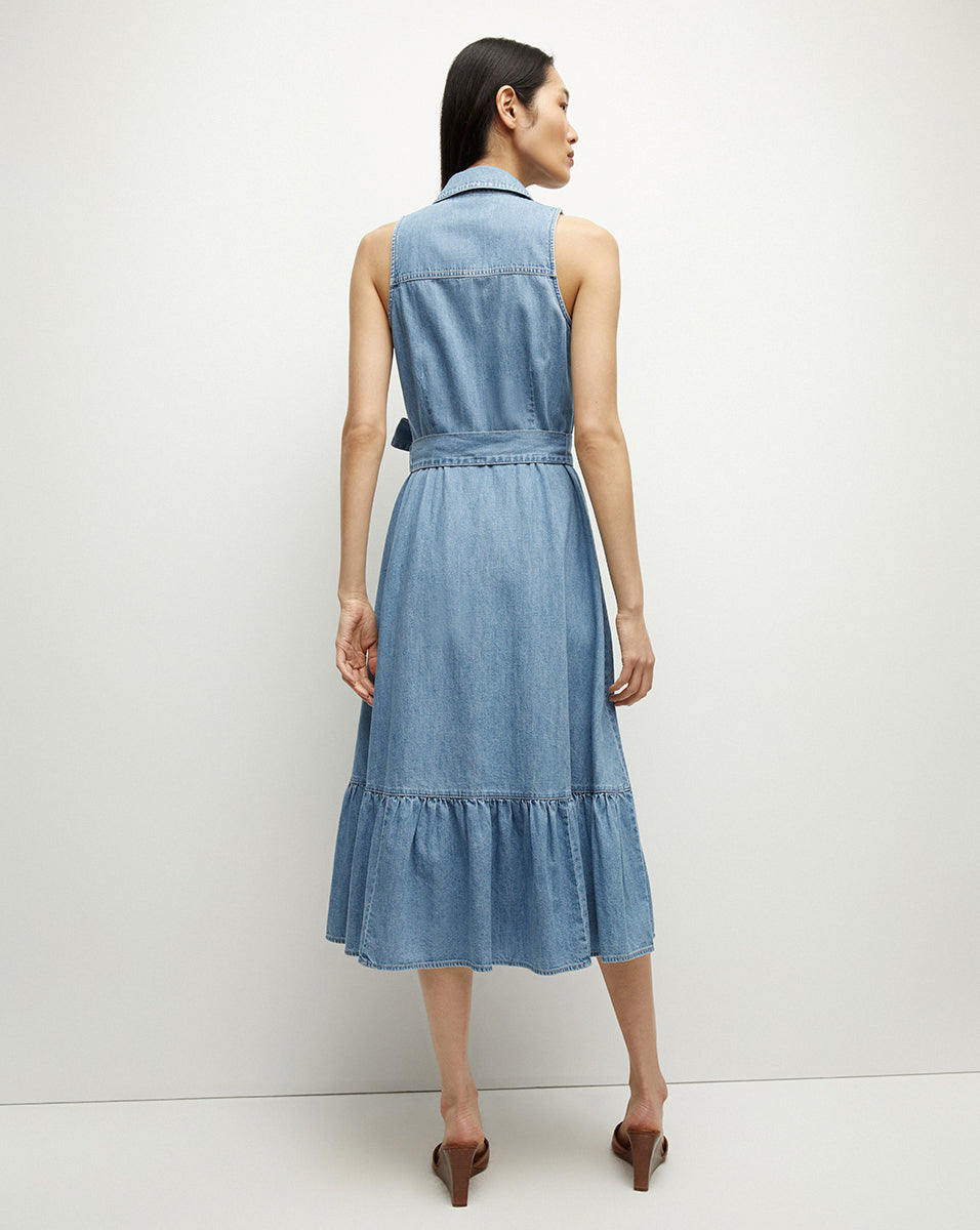 Lightweight Denim Shirtdress with Flounced Hem & Tie Belt | Edwina