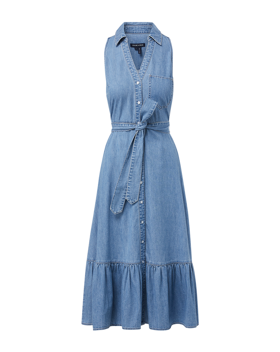Lightweight Denim Shirtdress with Flounced Hem & Tie Belt | Edwina