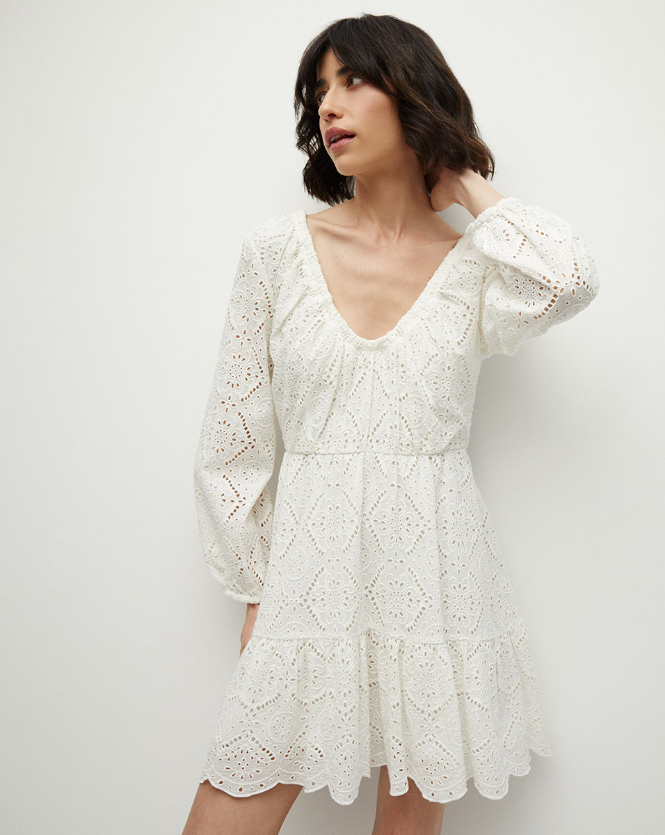 Eyelet Lace Cotton Dress with Empire Waist & Flounced Hem | Calibra