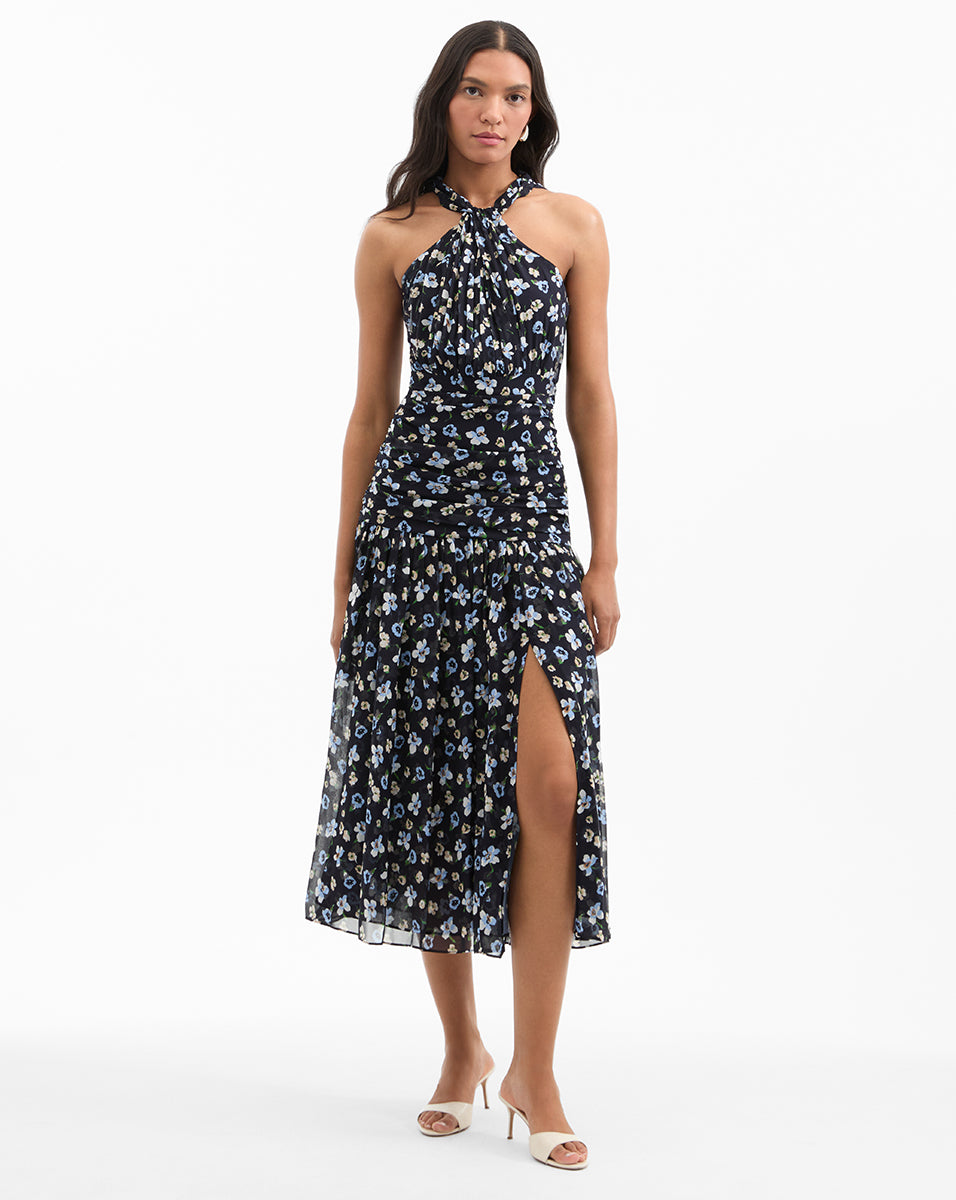 Silk Ruched Midi Dress with Floral Print & Halter Neckline | Brock