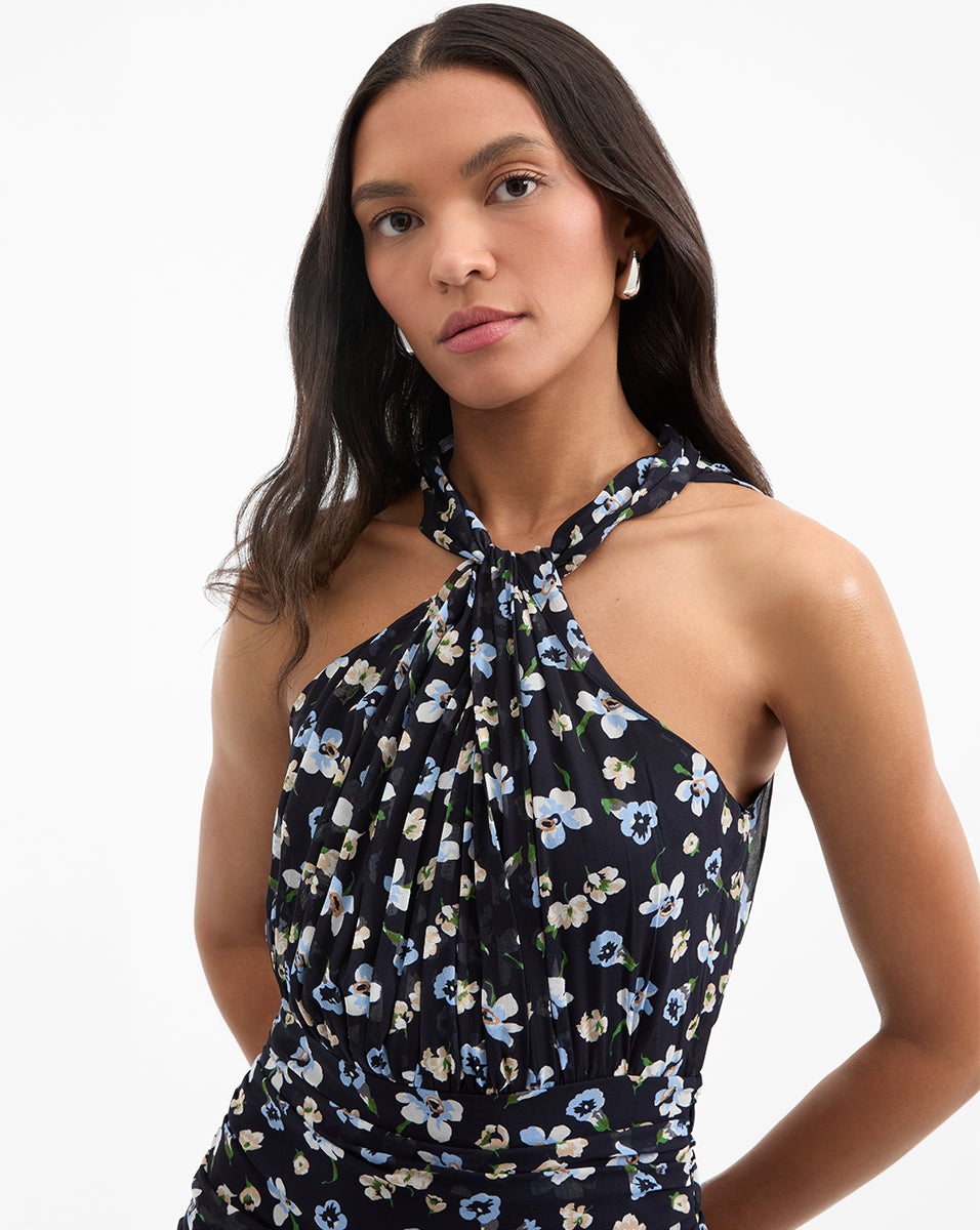 Silk Ruched Midi Dress with Floral Print & Halter Neckline | Brock