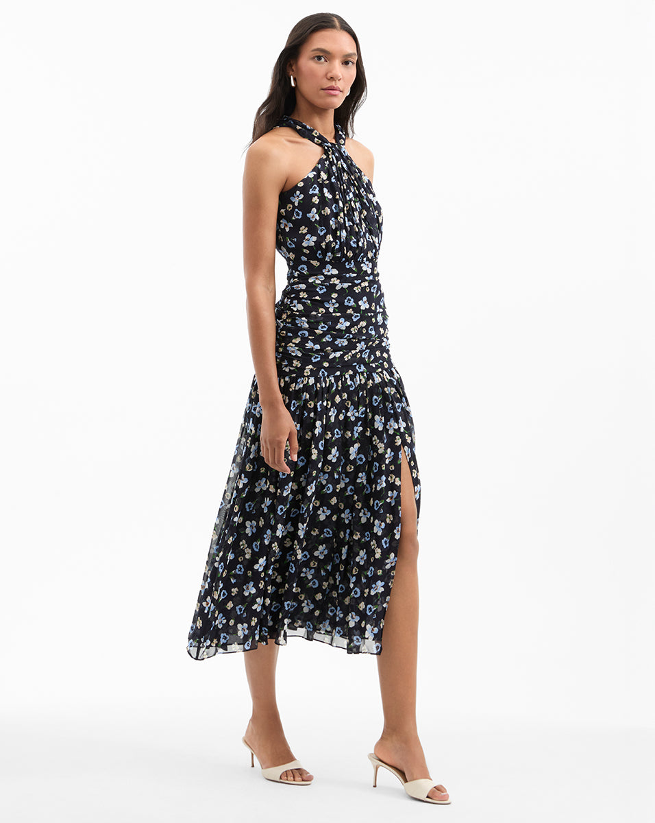 Silk Ruched Midi Dress with Floral Print & Halter Neckline | Brock