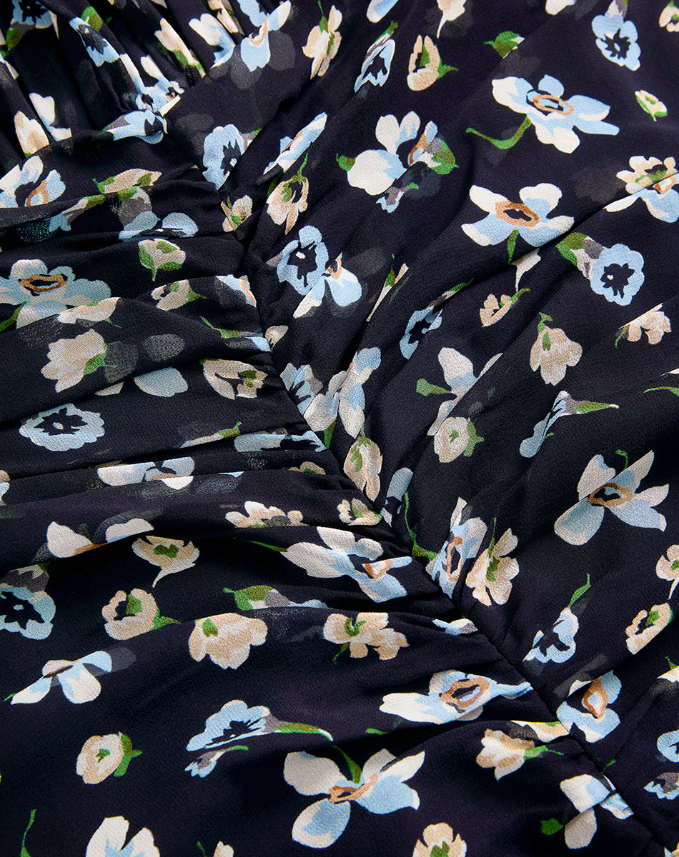 Silk Ruched Midi Dress with Floral Print & Halter Neckline | Brock
