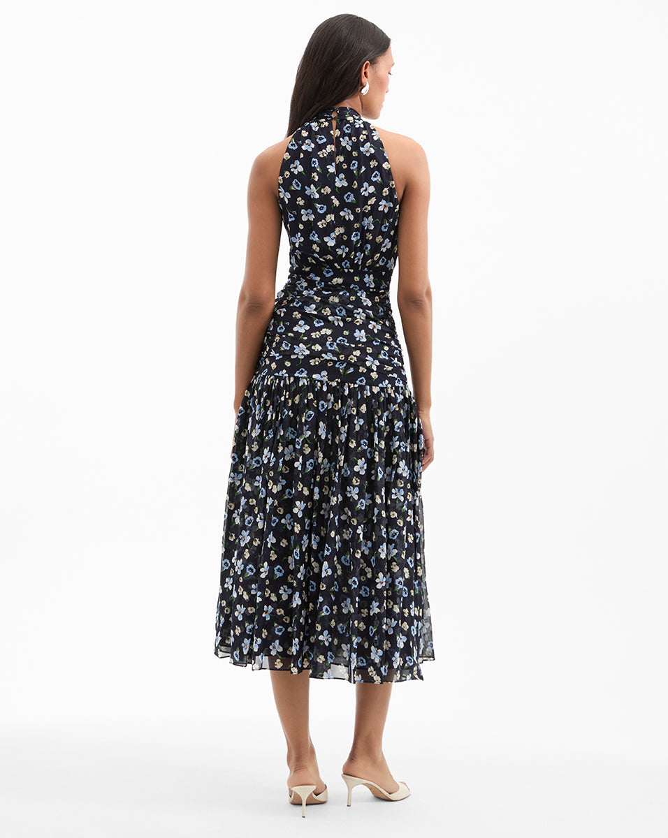 Silk Ruched Midi Dress with Floral Print & Halter Neckline | Brock