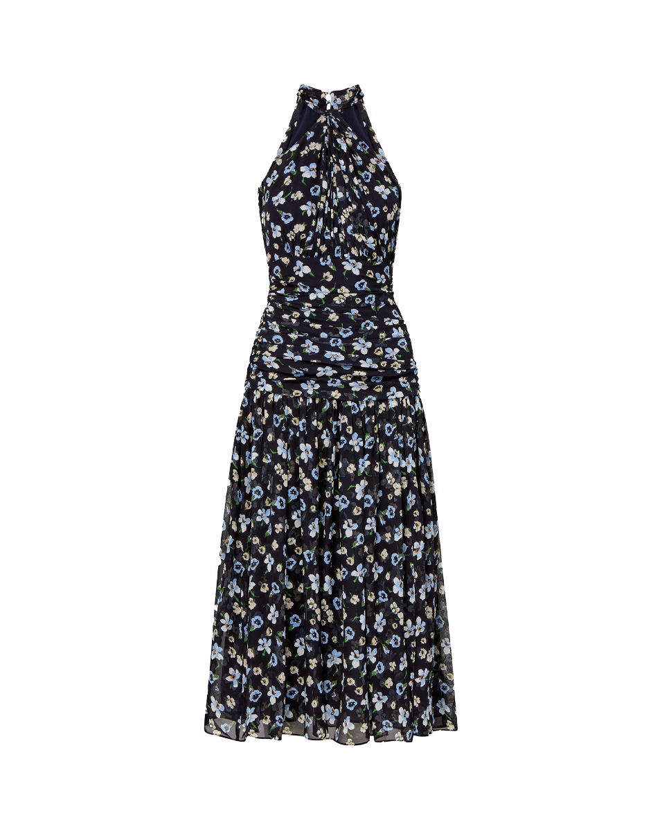 Silk Ruched Midi Dress with Floral Print & Halter Neckline | Brock