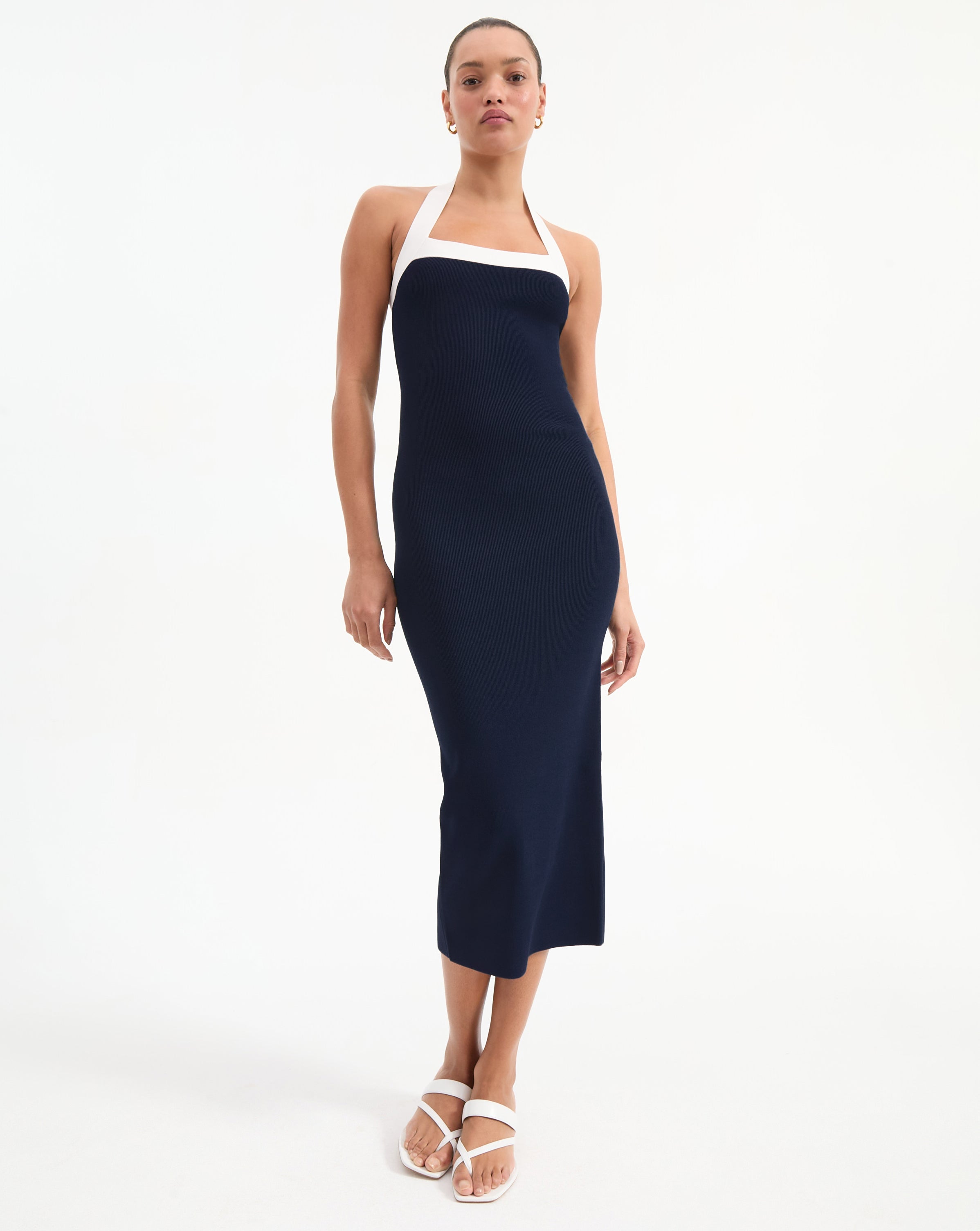 Navy & White Halter Neck Bodycon Dress | Christa