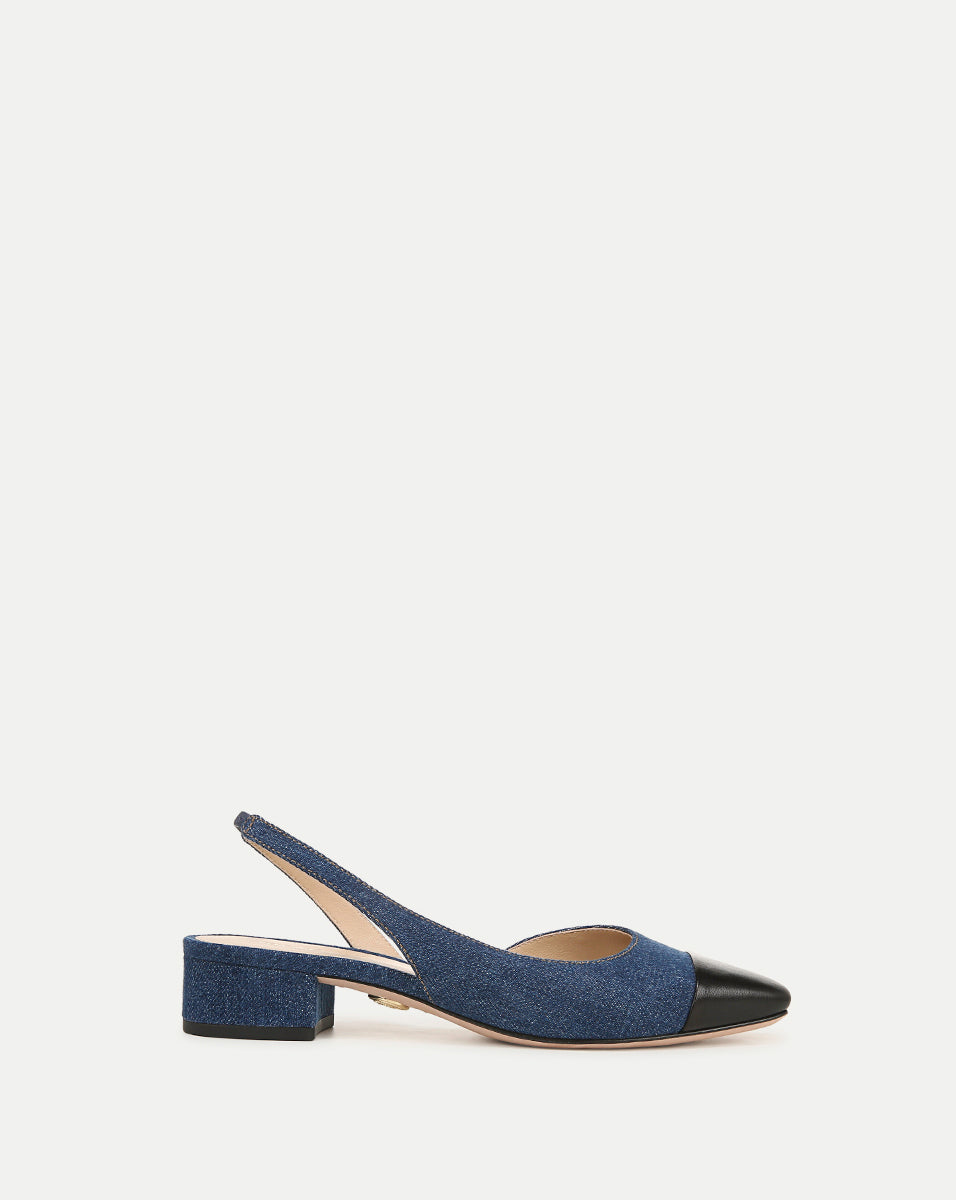 Denim Cap-Toe Slingback with Leather Toe & Block Heel | Cecile