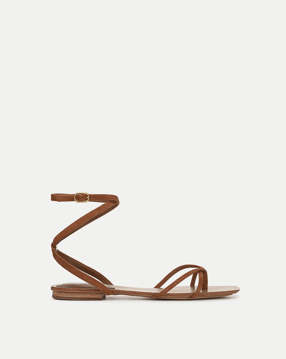 Brown Suede Ankle-Wrap Sandals for Women | Allegra Flat