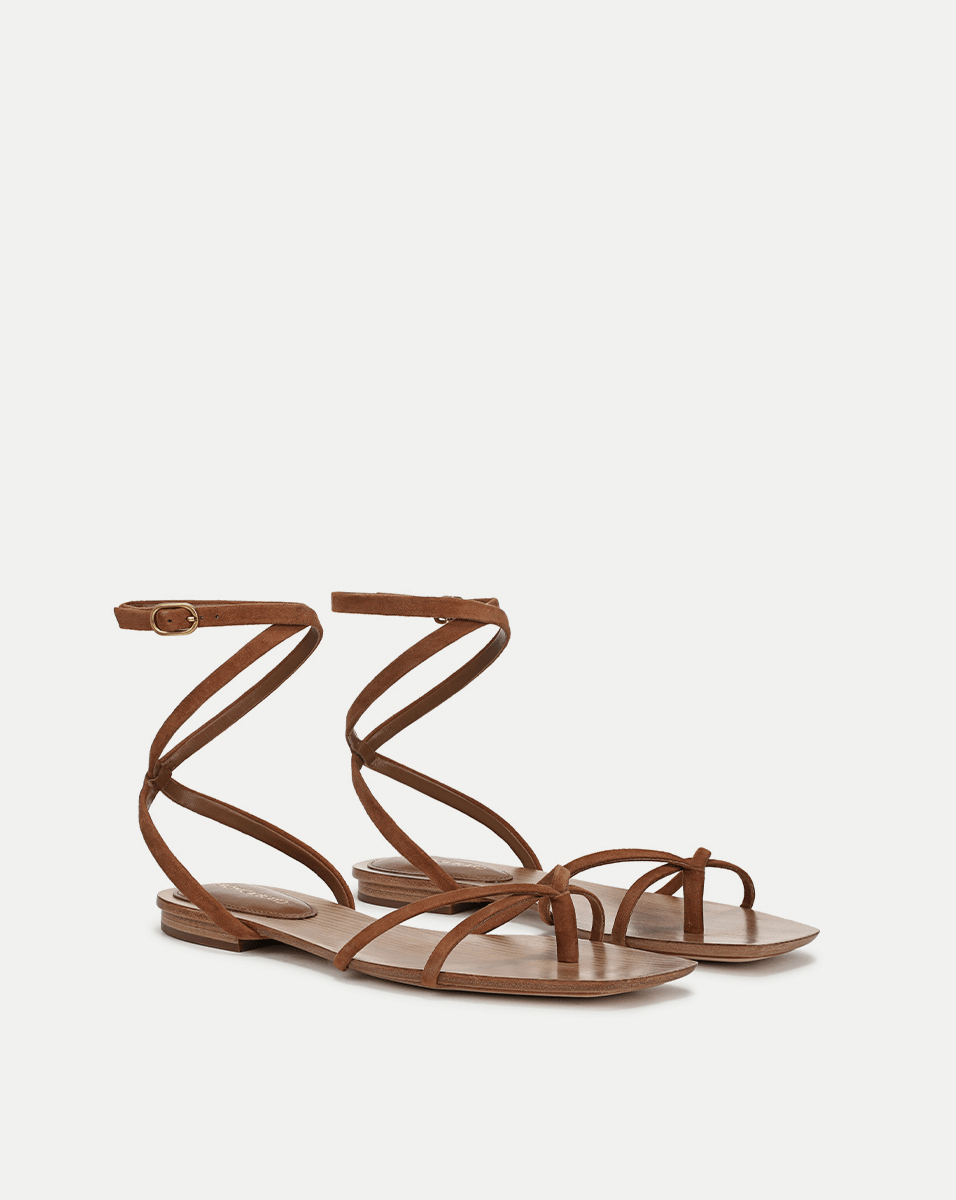 Brown Suede Ankle-Wrap Sandals for Women | Allegra Flat