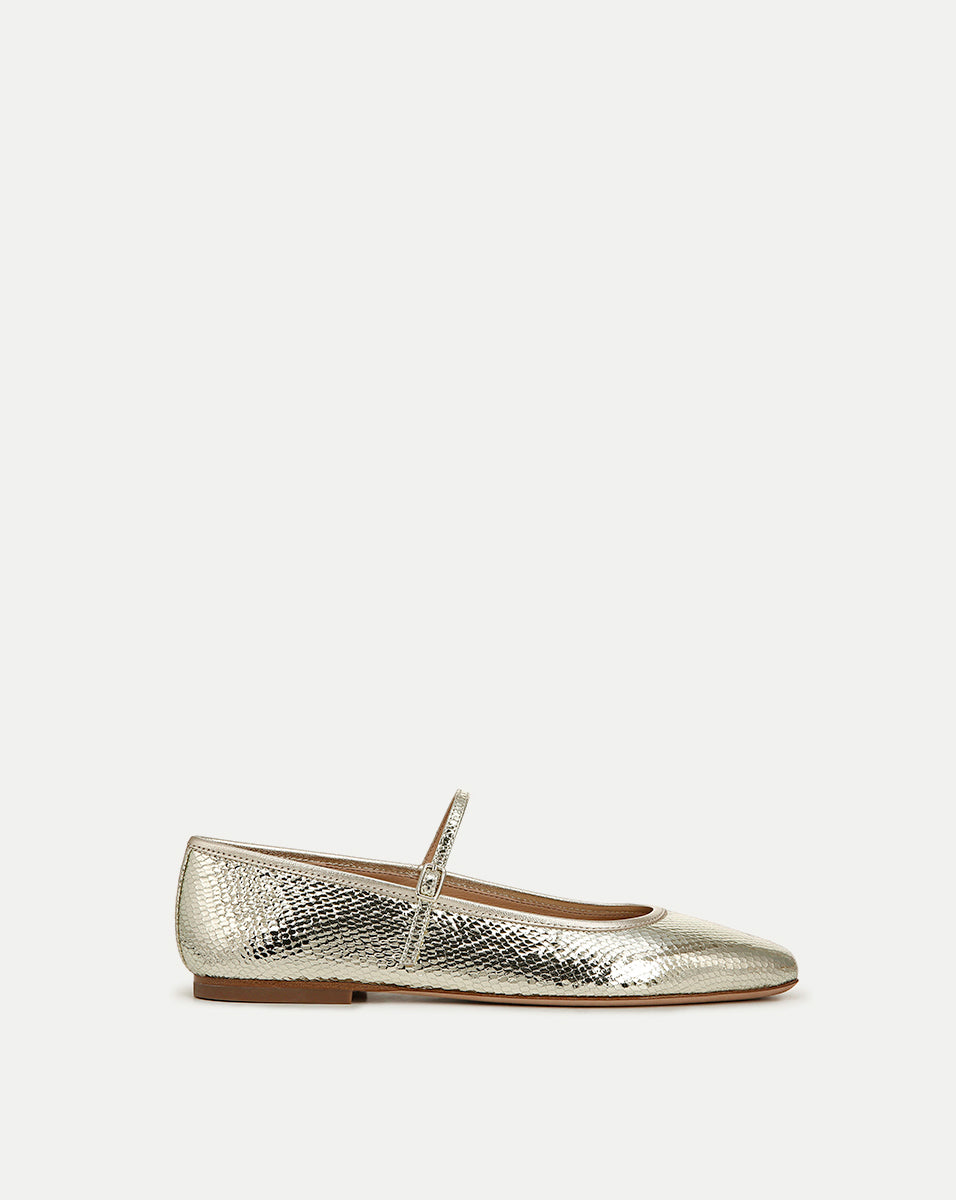 Metallic Snake-Embossed Leather Flats | Ellie