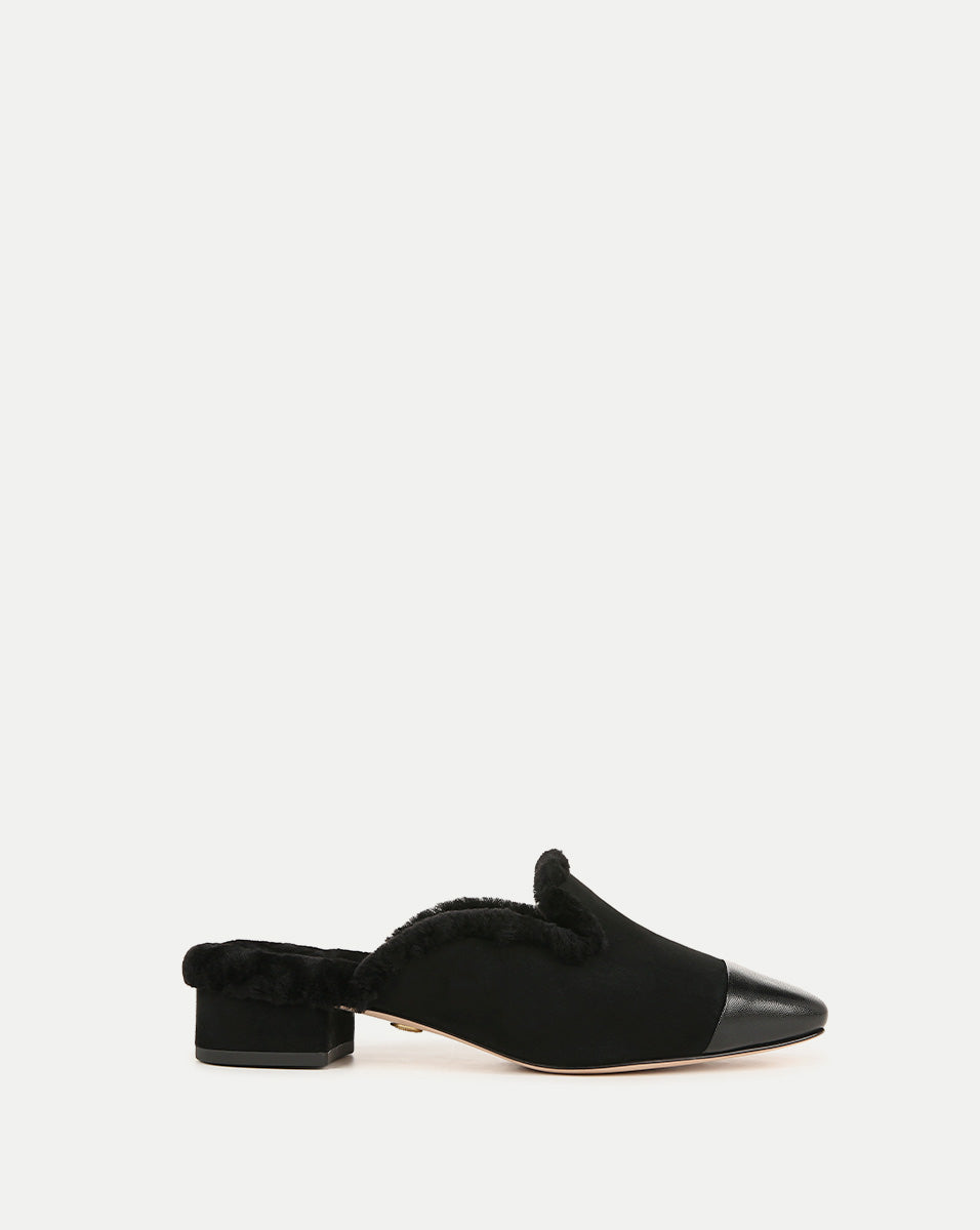 Shearling Mule Shoes with Suede Cap-Toe & 1" Heel | Cecile