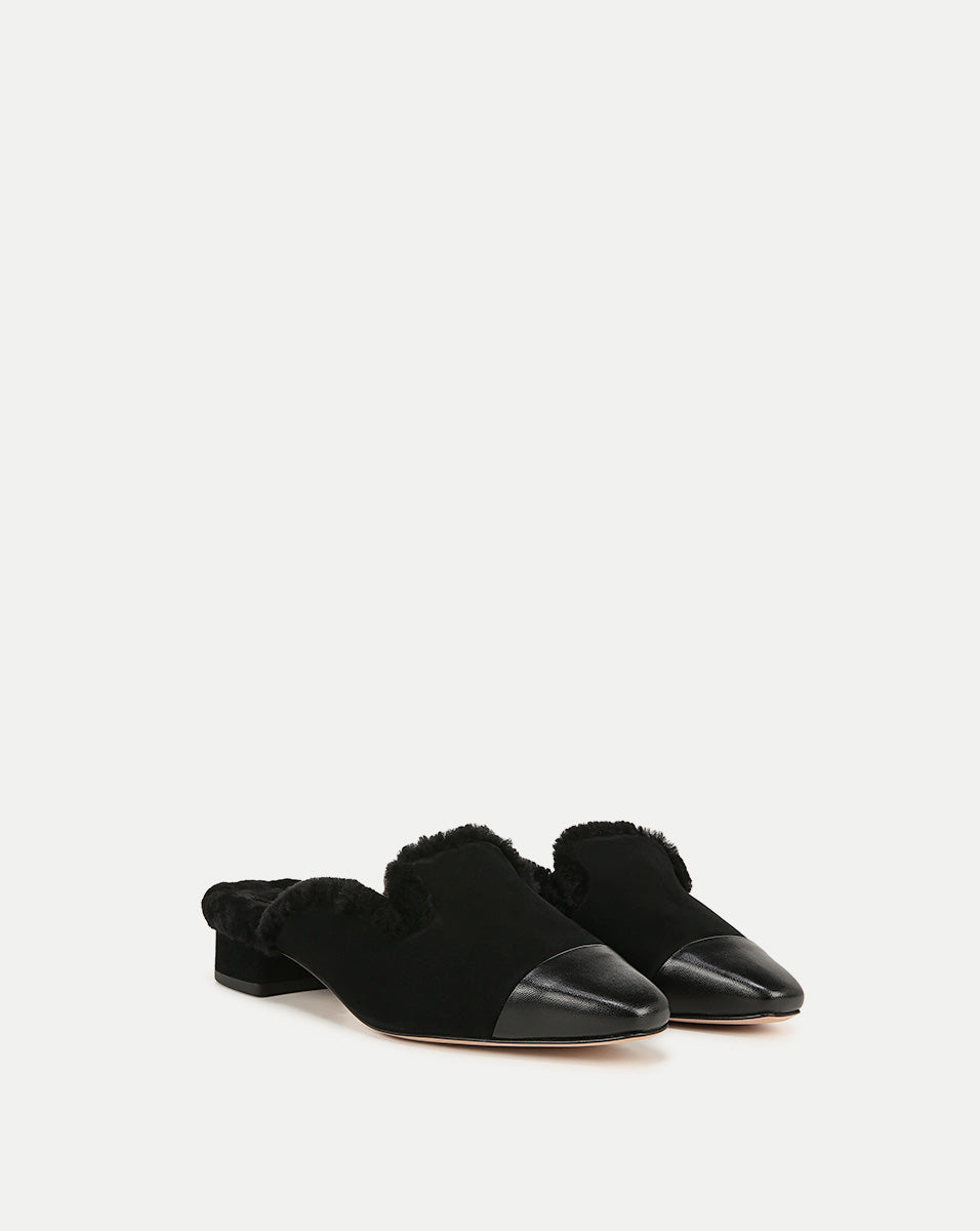 Shearling Mule Shoes with Suede Cap-Toe & 1" Heel | Cecile