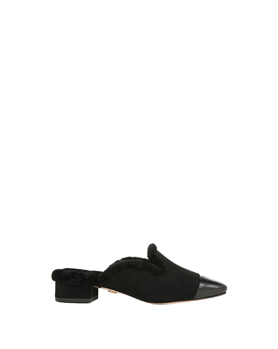 Shearling Mule Shoes with Suede Cap-Toe & 1" Heel | Cecile