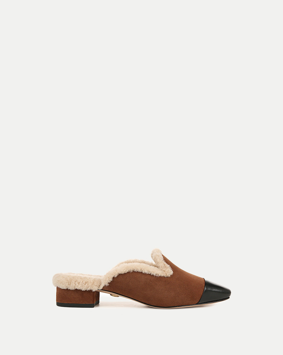 Shearling Mule Shoes with Suede Cap-Toe & 1" Heel | Cecile