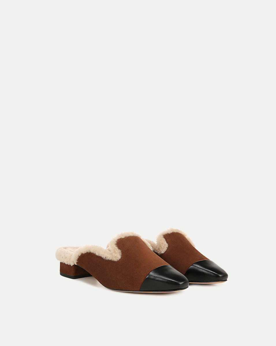 Shearling Mule Shoes with Suede Cap-Toe & 1" Heel | Cecile