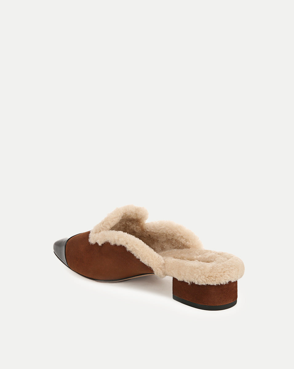 Shearling Mule Shoes with Suede Cap-Toe & 1" Heel | Cecile