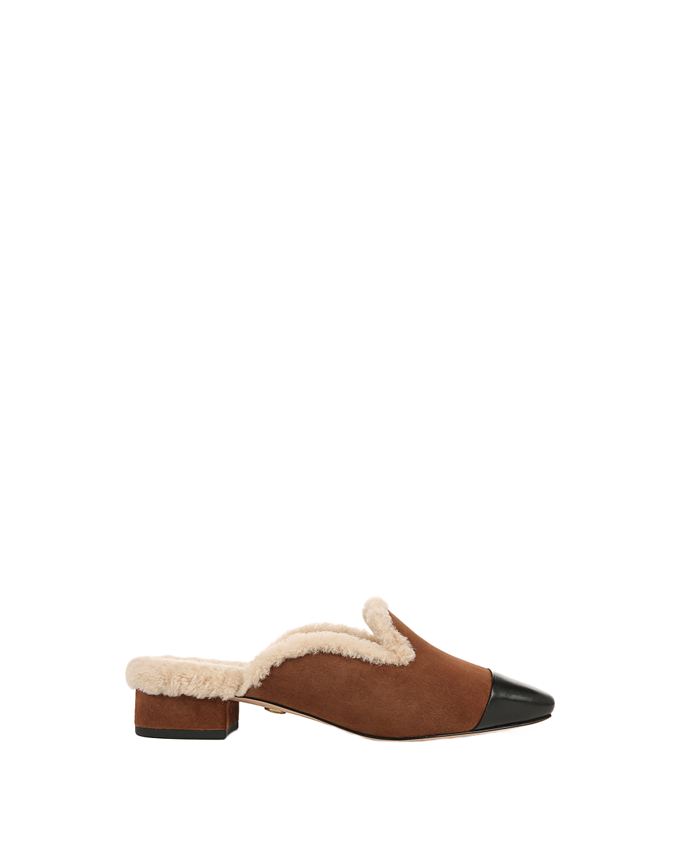 Shearling Mule Shoes with Suede Cap-Toe & 1" Heel | Cecile