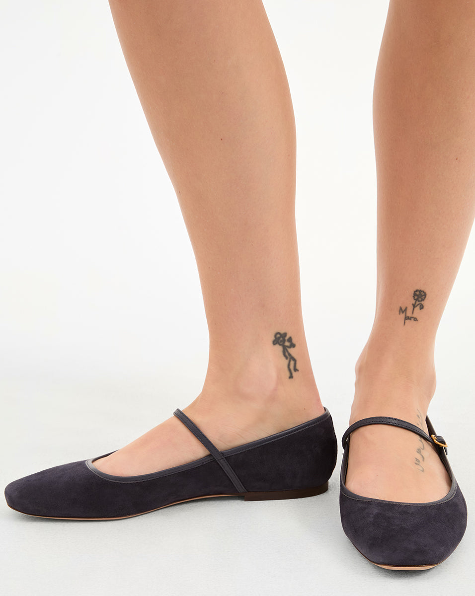 Suede Ballet Flats with Leather Trim & Strap | Ellie