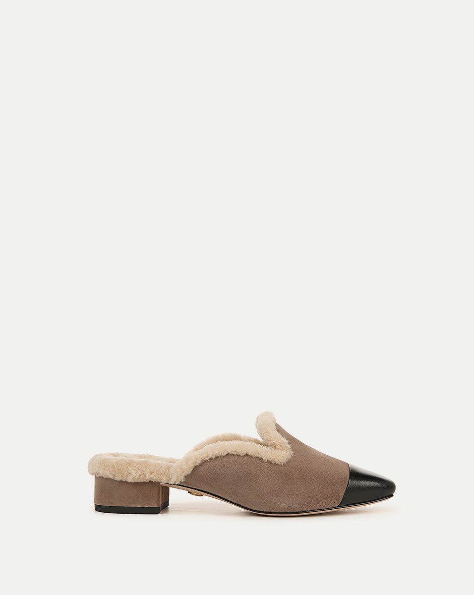 Shearling Mule Shoes with Suede Cap-Toe & 1" Heel | Cecile