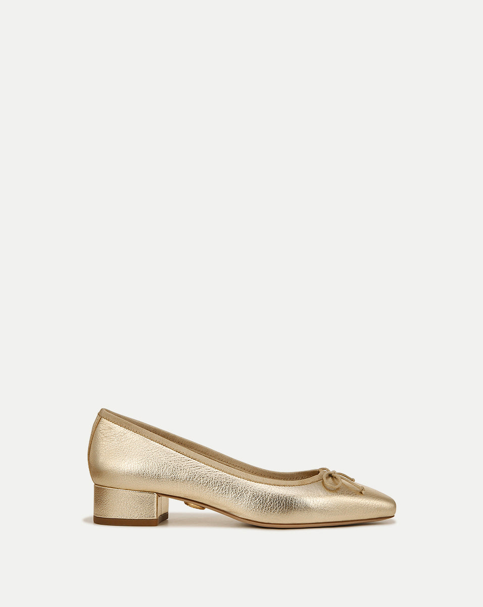 Metallic Leather Ballet Flats with Bow Detail & Low Heel | Cecile