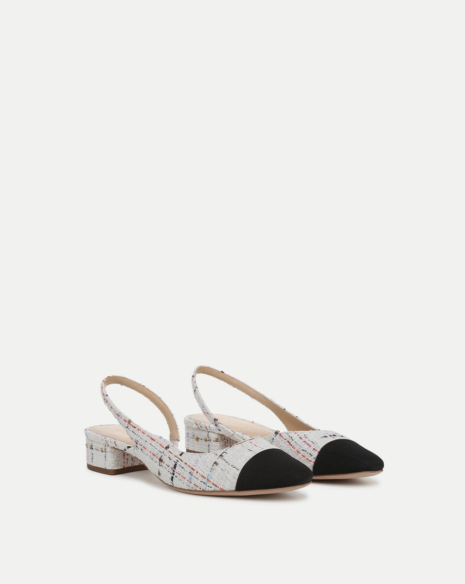 Tweed Cap-Toe Slingback with Leather Toe & Block Heel | Cecile