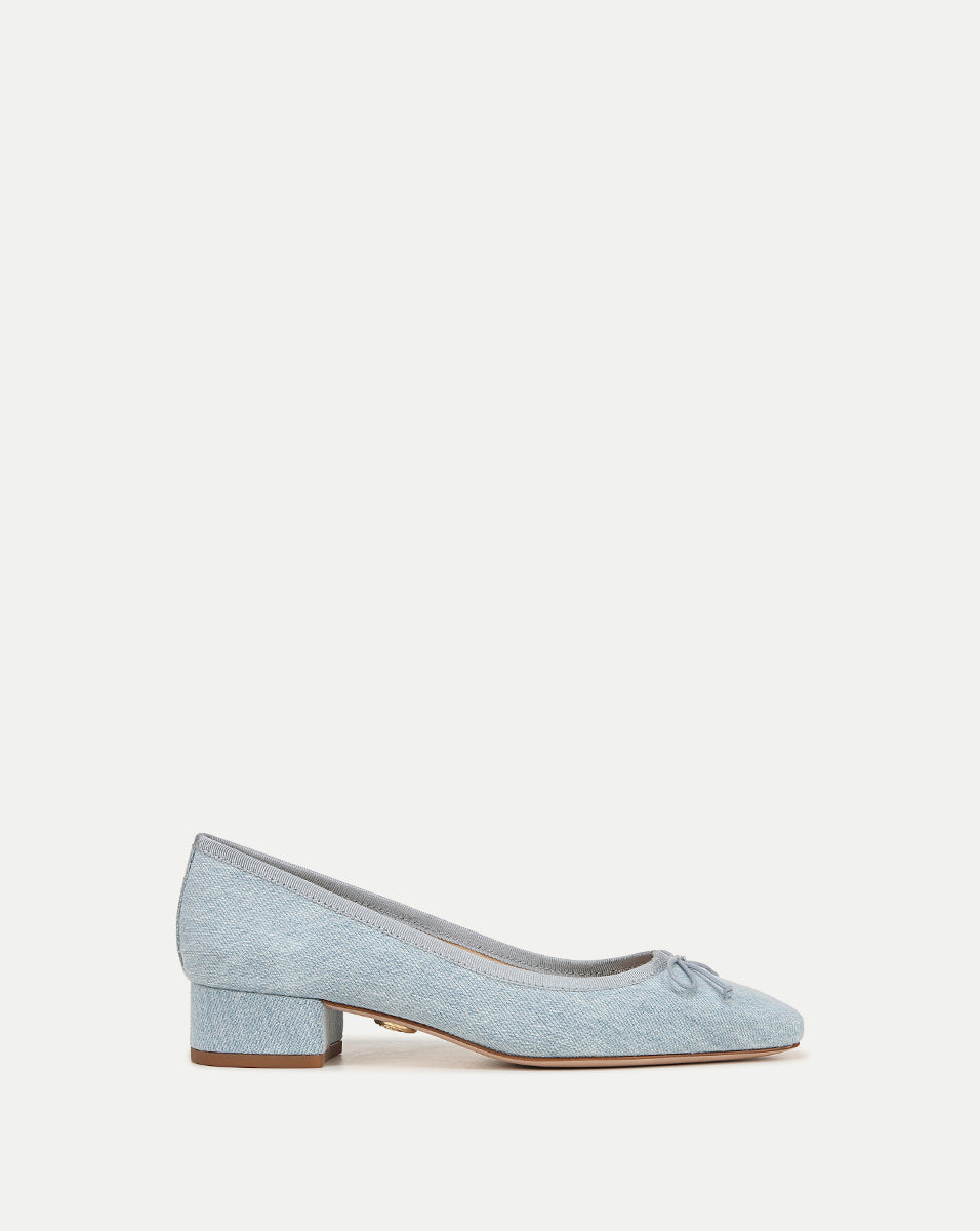 Denim Ballet Flats with Bow & Block Heel | Cecile Pump