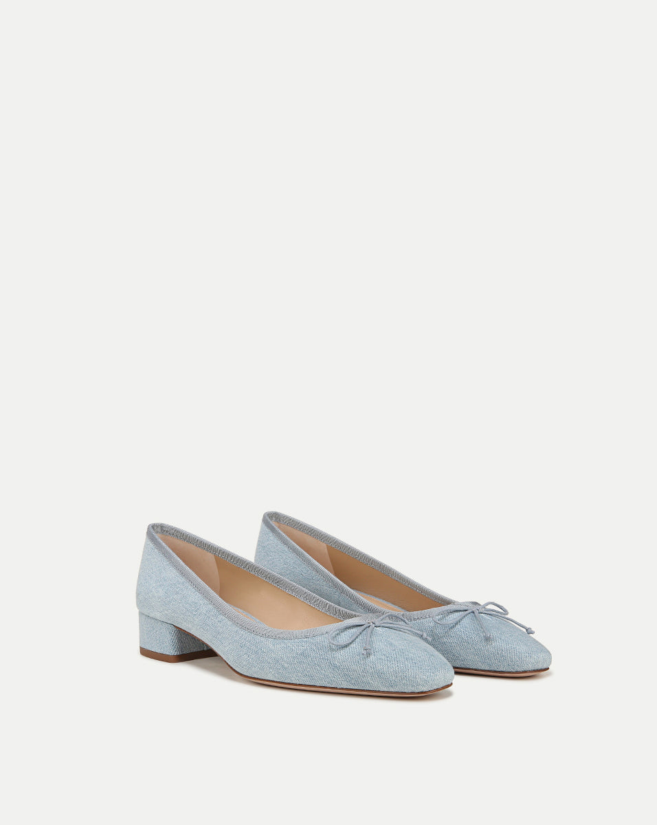 Denim Ballet Flats with Bow & Block Heel | Cecile Pump