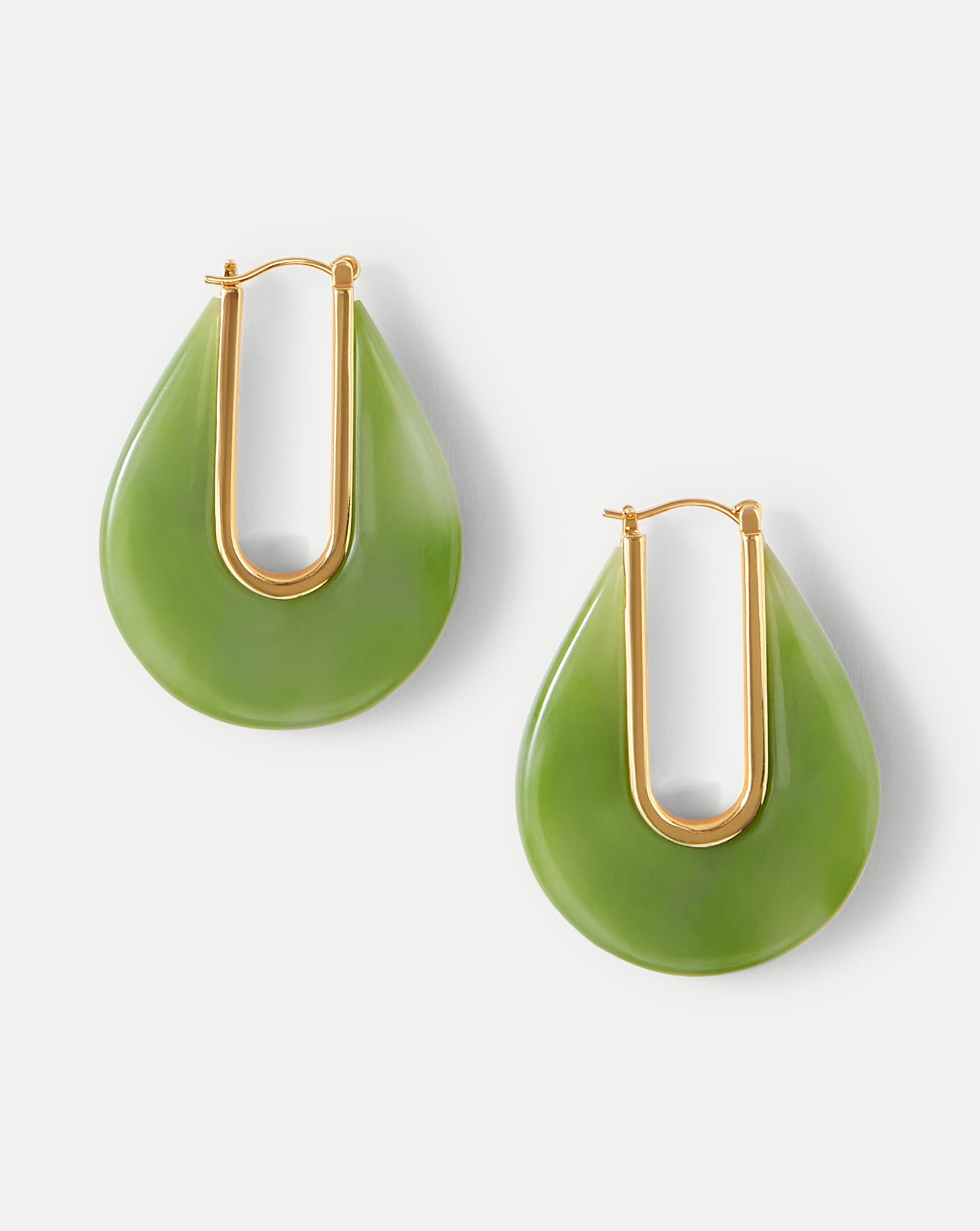 Jade Green Resin Drop Hoop Earrings with Gold-Plated Rim | Statement Jewelry
