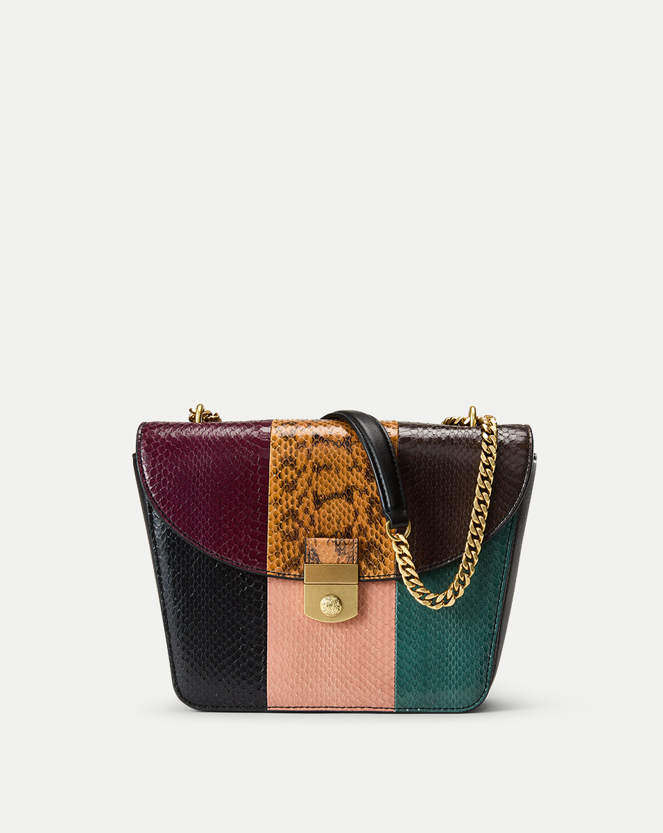 Patchwork Flap Bag with Snakeskin & Gold Chain Strap | Double Link