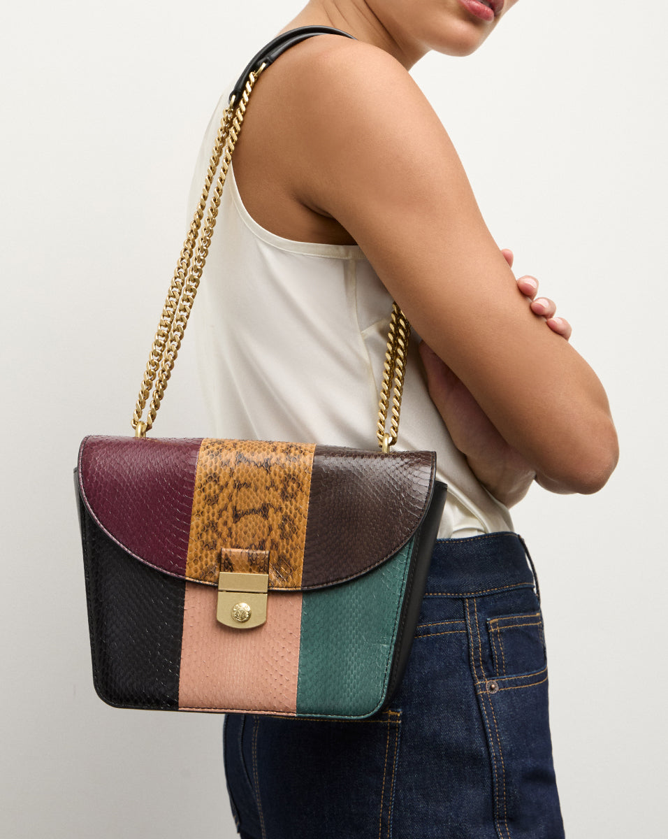 Patchwork Flap Bag with Snakeskin & Gold Chain Strap | Double Link