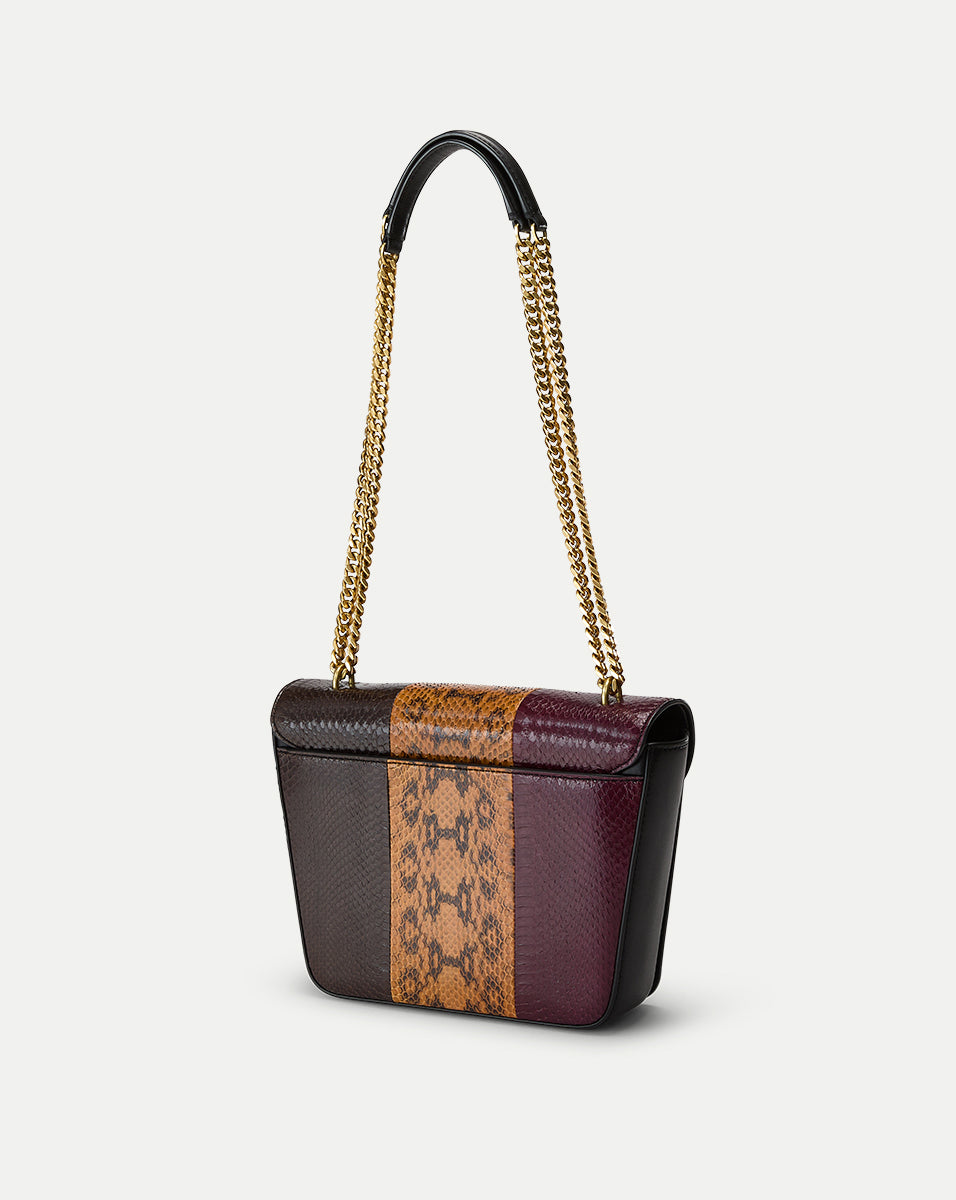 Patchwork Flap Bag with Snakeskin & Gold Chain Strap | Double Link