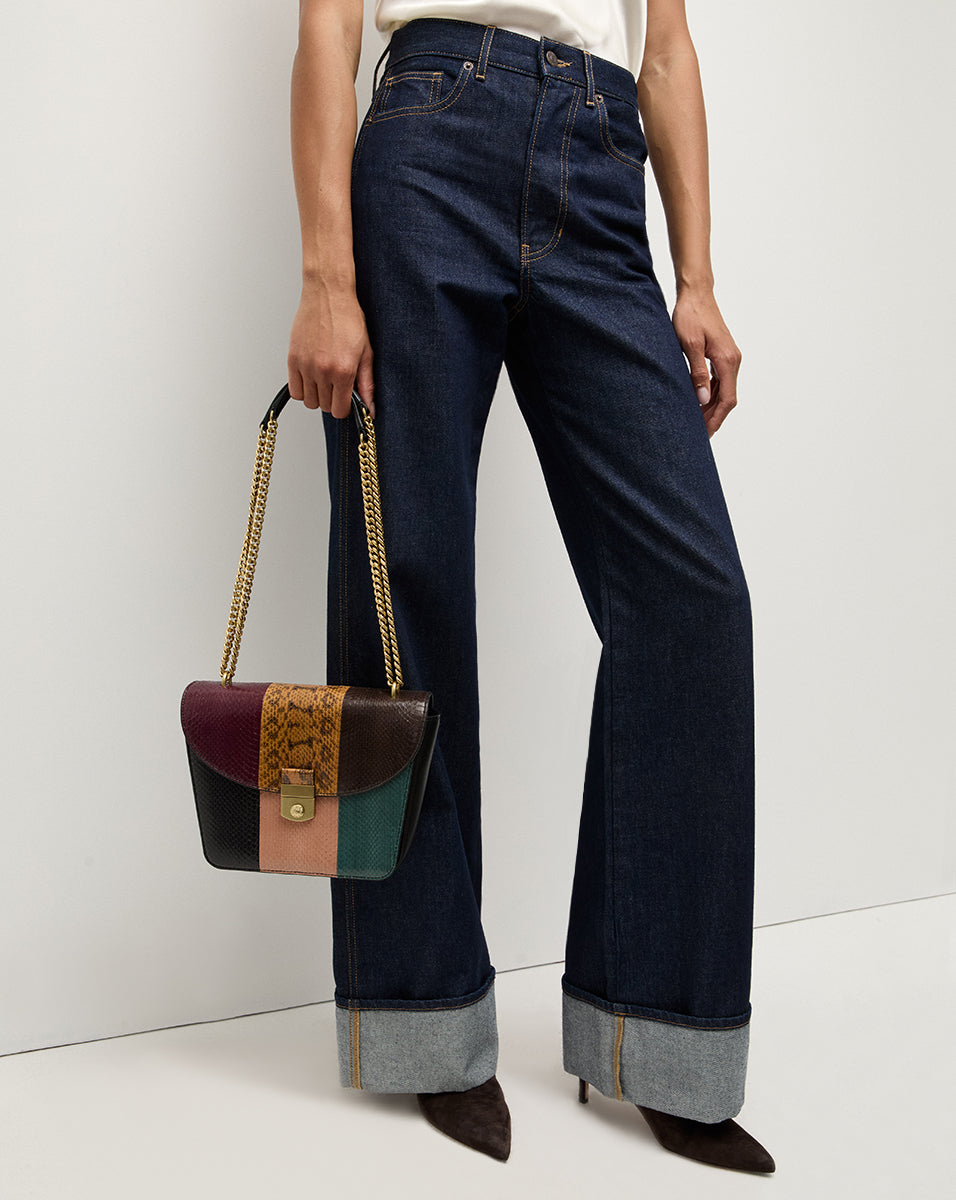 Patchwork Flap Bag with Snakeskin & Gold Chain Strap | Double Link