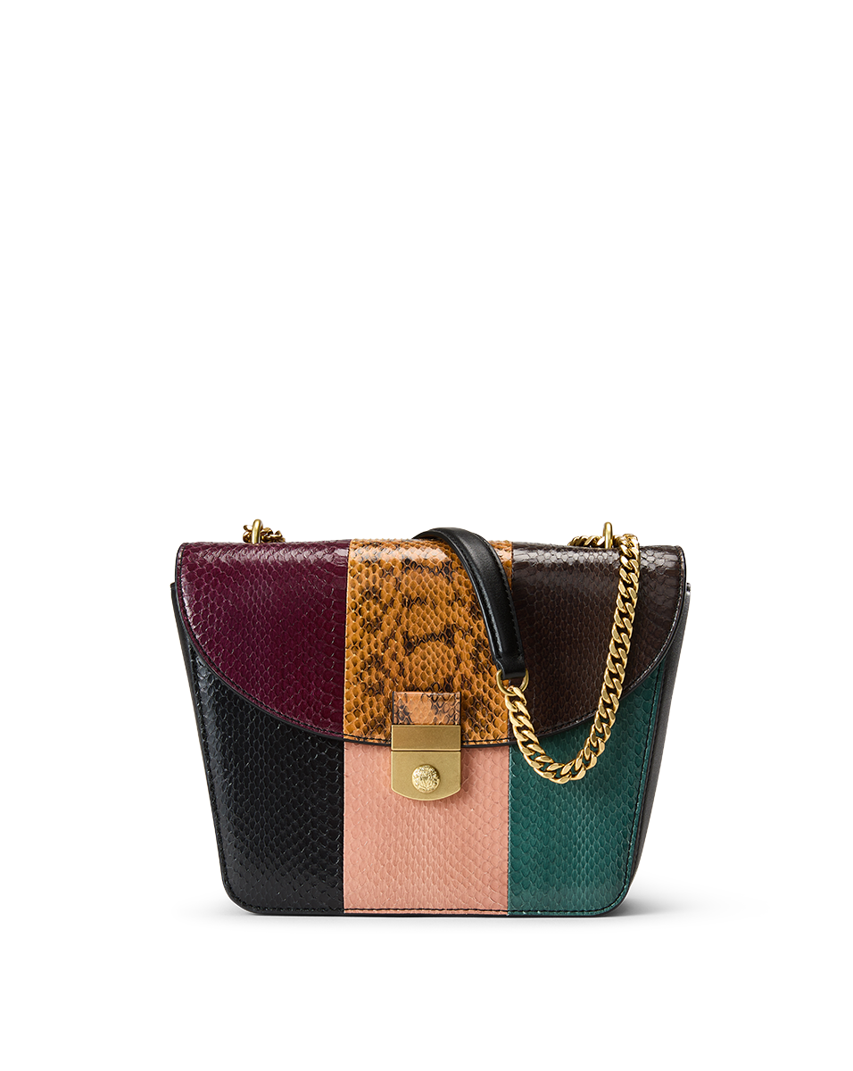 Patchwork Flap Bag with Snakeskin & Gold Chain Strap | Double Link