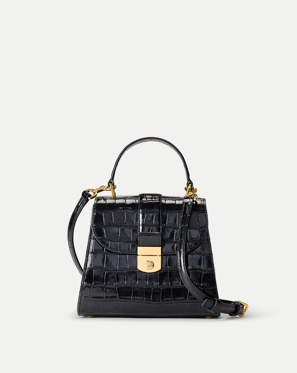 Croc-Embossed Leather Satchel with Crest Lock & Removable Strap