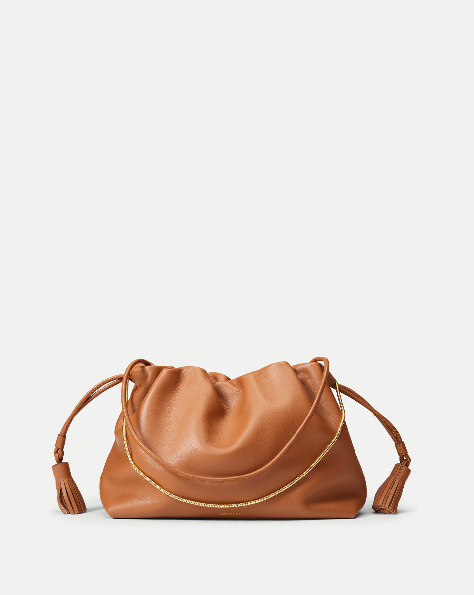Brown Leather Stash Bag with Zip Pocket & Gold Chain Straps | Veronica Beard