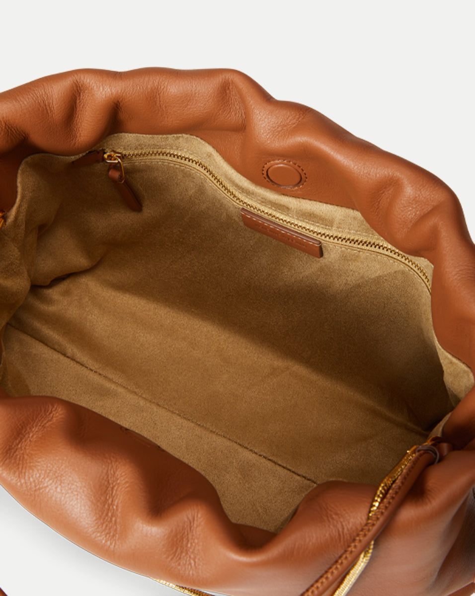 Brown Leather Stash Bag with Zip Pocket & Gold Chain Straps | Veronica Beard