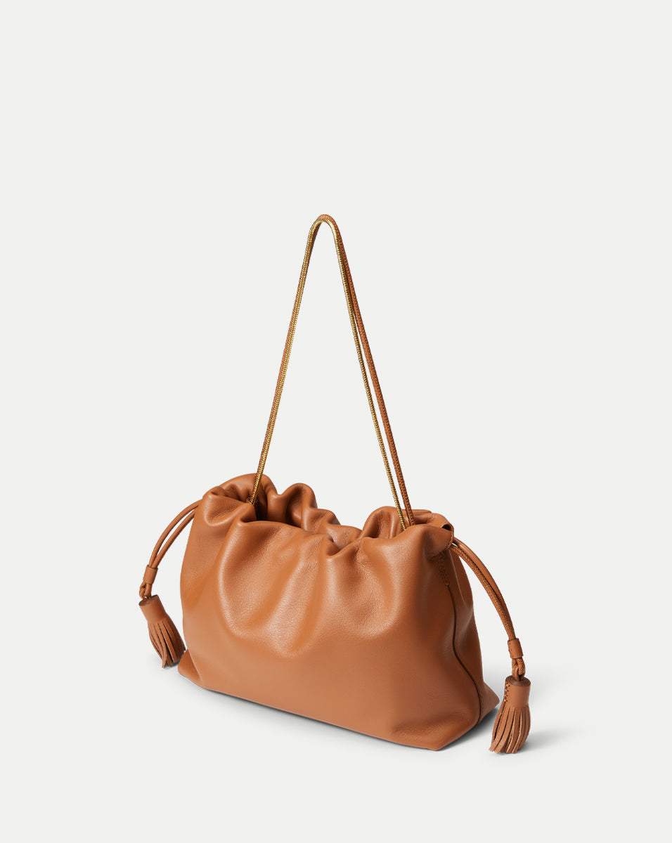 Brown Leather Stash Bag with Zip Pocket & Gold Chain Straps | Veronica Beard