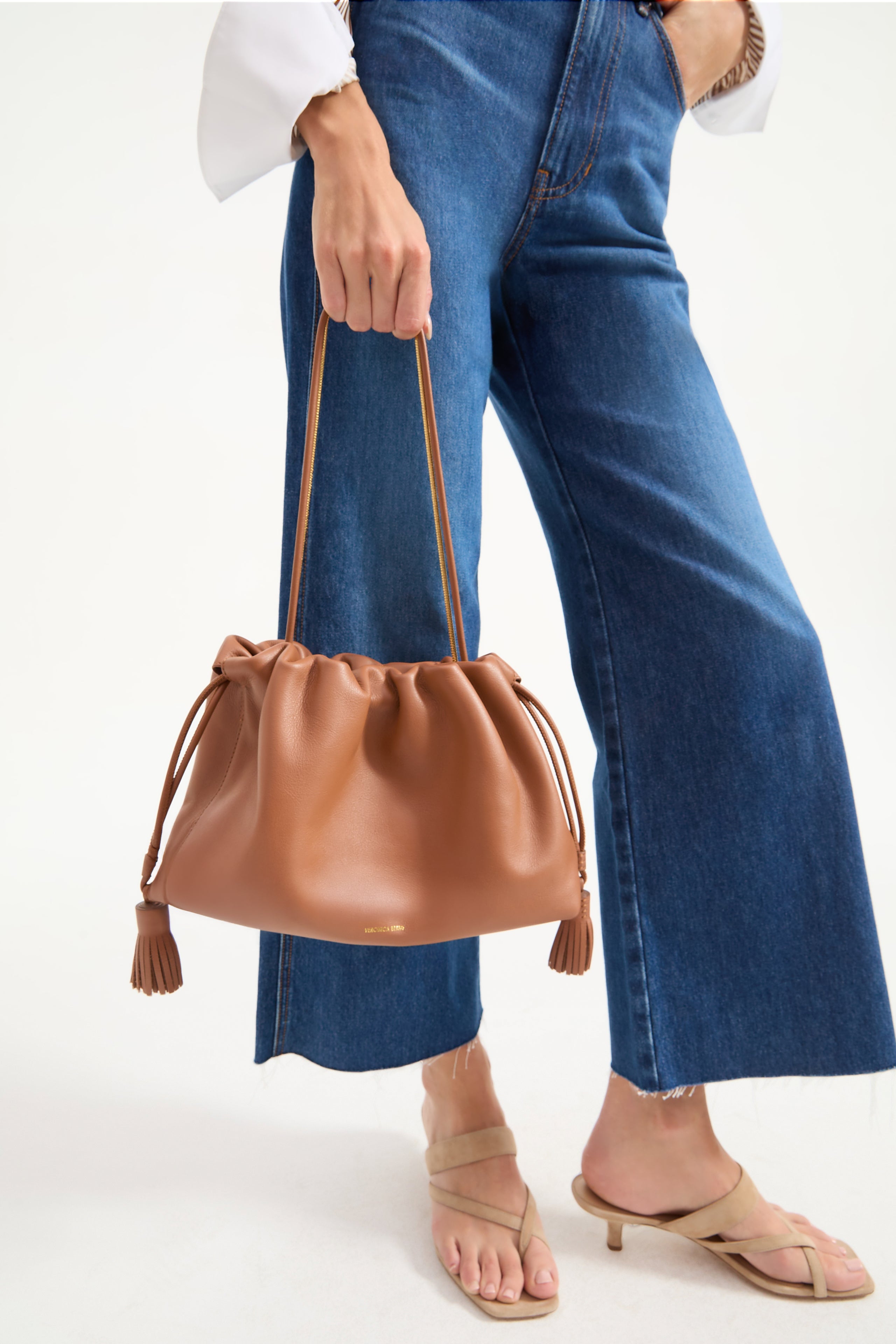 Brown Leather Stash Bag with Zip Pocket & Gold Chain Straps | Veronica Beard