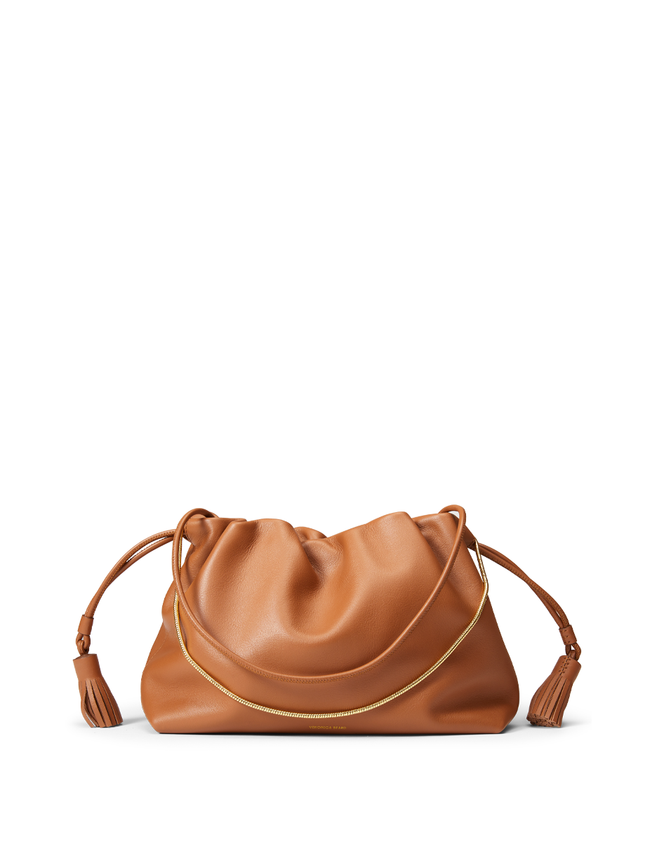 Brown Leather Stash Bag with Zip Pocket & Gold Chain Straps | Veronica Beard