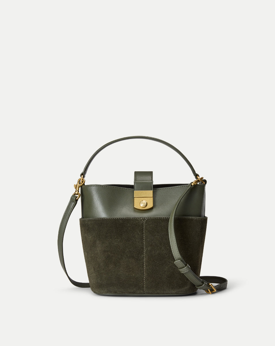 Small Suede Bucket Bag with Crest-Lock Closure | Italian Leather